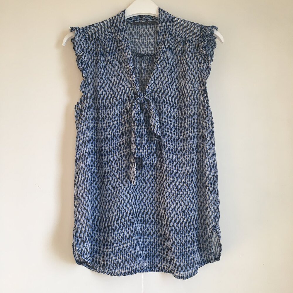 Sheer Blue Diamond Scale Ruffled Coquette Tank Top With Secretary Bow - S
